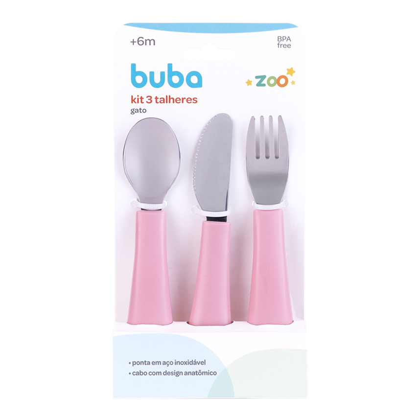 Kit Talheres Infantil Buba Zoo Rosa com 3 Peças