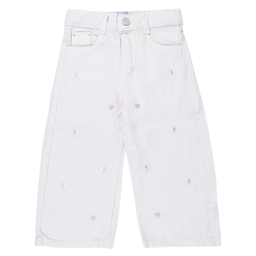 Calça Sarja  Infantil Garota Lua Wide Leg Crú Bordado Coração