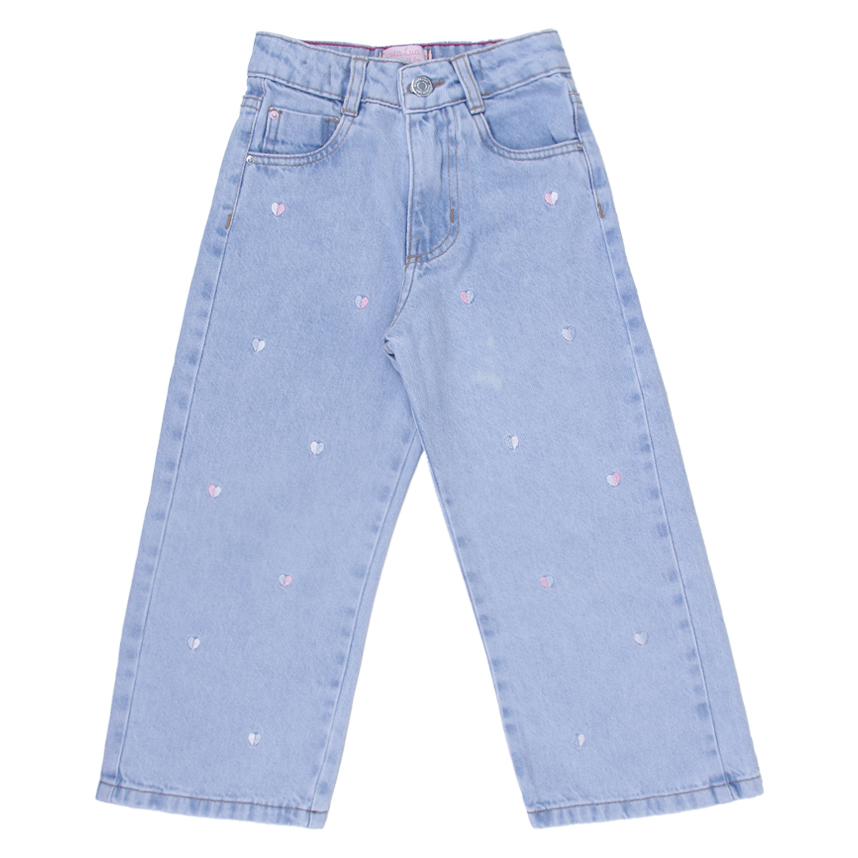 Calça Jeans Infantil Garota Lua  Wide Leg Bordado Corações