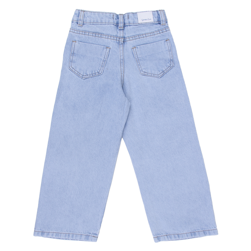 Calça Jeans Infantil Garota Lua  Wide Leg Bordado Corações