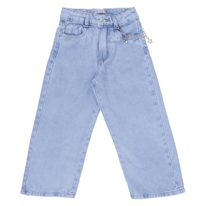 Calça Jeans Infantil Garota Lua Wide Leg com Corrente