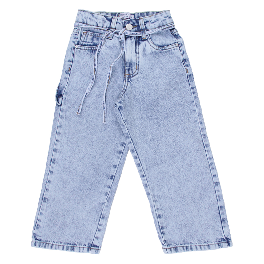 Calça Jeans Infantil Garota Lua Wide Leg com Cordão