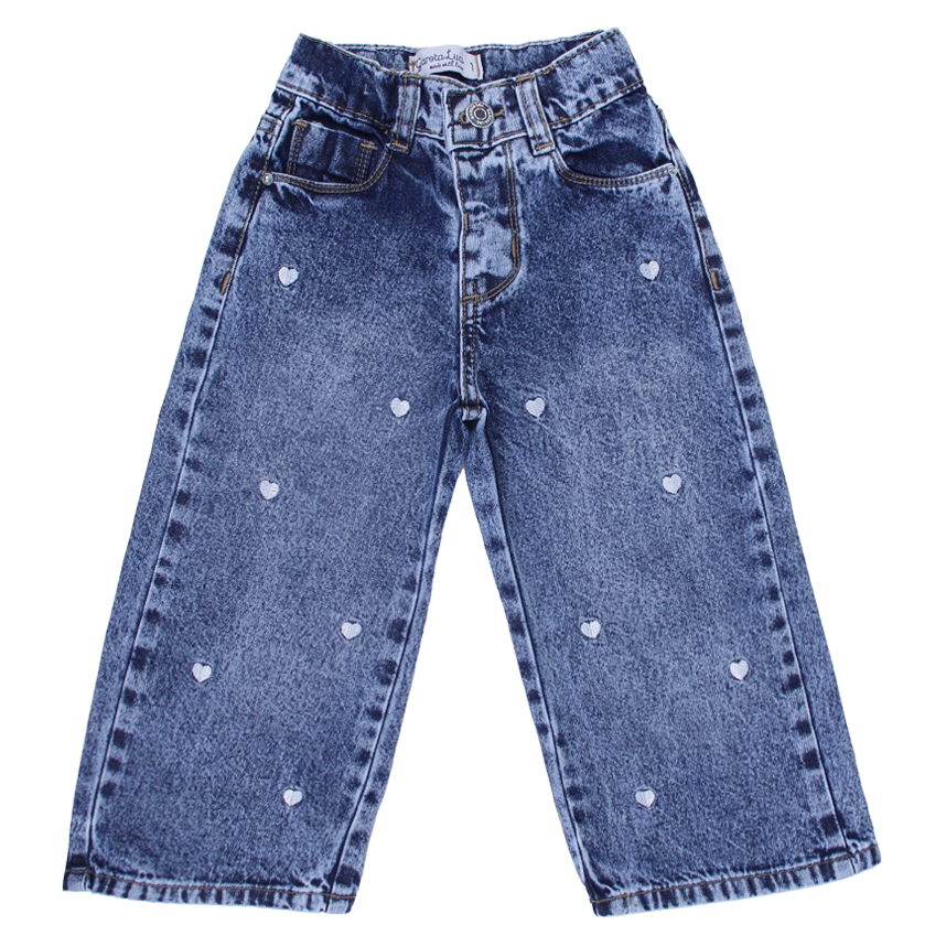 Calça Jeans Juvenil Garota Lua Wide Leg Bordado Corações