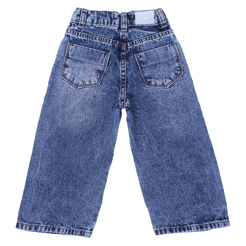 Calça Jeans Juvenil Garota Lua Wide Leg Bordado Corações