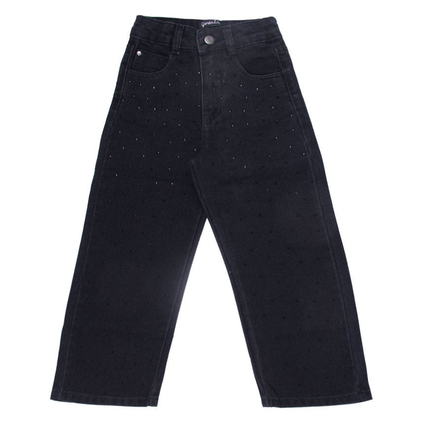 Calça Jeans  Infantil Garota Lua Wide Leg Black com Strass