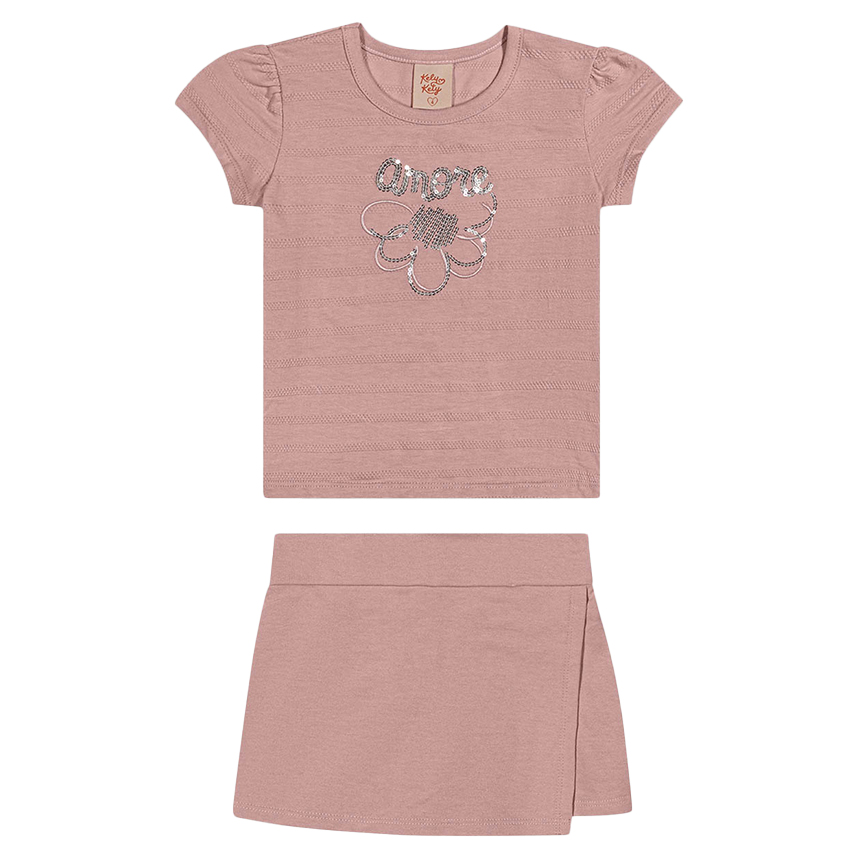 Conjunto Infantil Kely Kety Blusa Bordada e Short Saia
