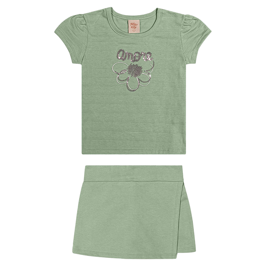 Conjunto Infantil Kely Kety Blusa Bordada e Short Saia