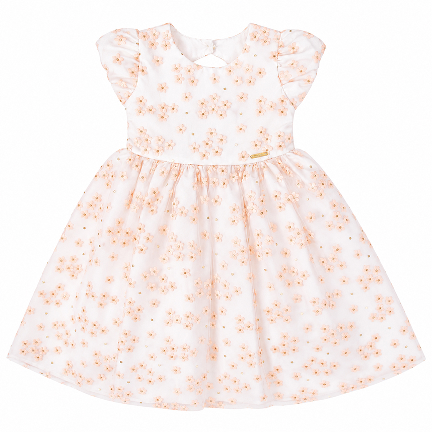 Vestido Infantil Pupila Manga Curta Tule Flor e Glitter