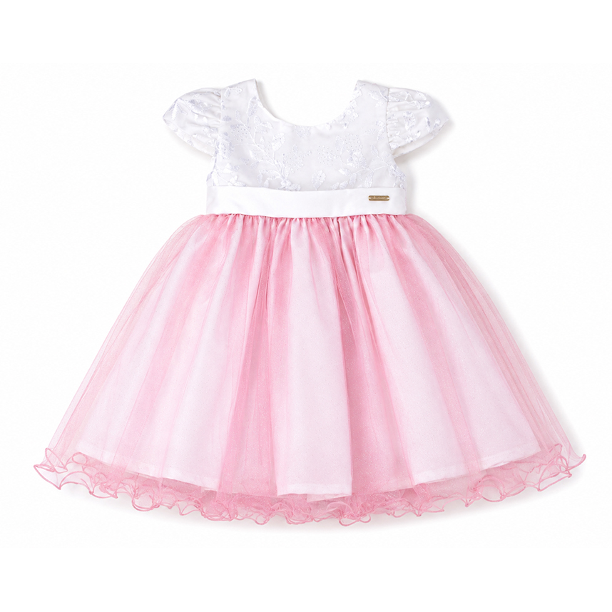 Vestido Infantil Pupila Manga Curta Pala Bordado Flor Tule