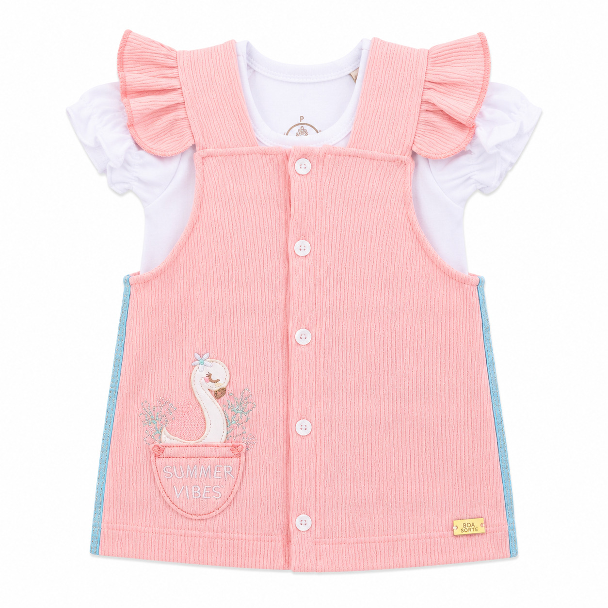 Salopete Bebê Presente De Anjo Bordado Flamingo E Body 2 Peças