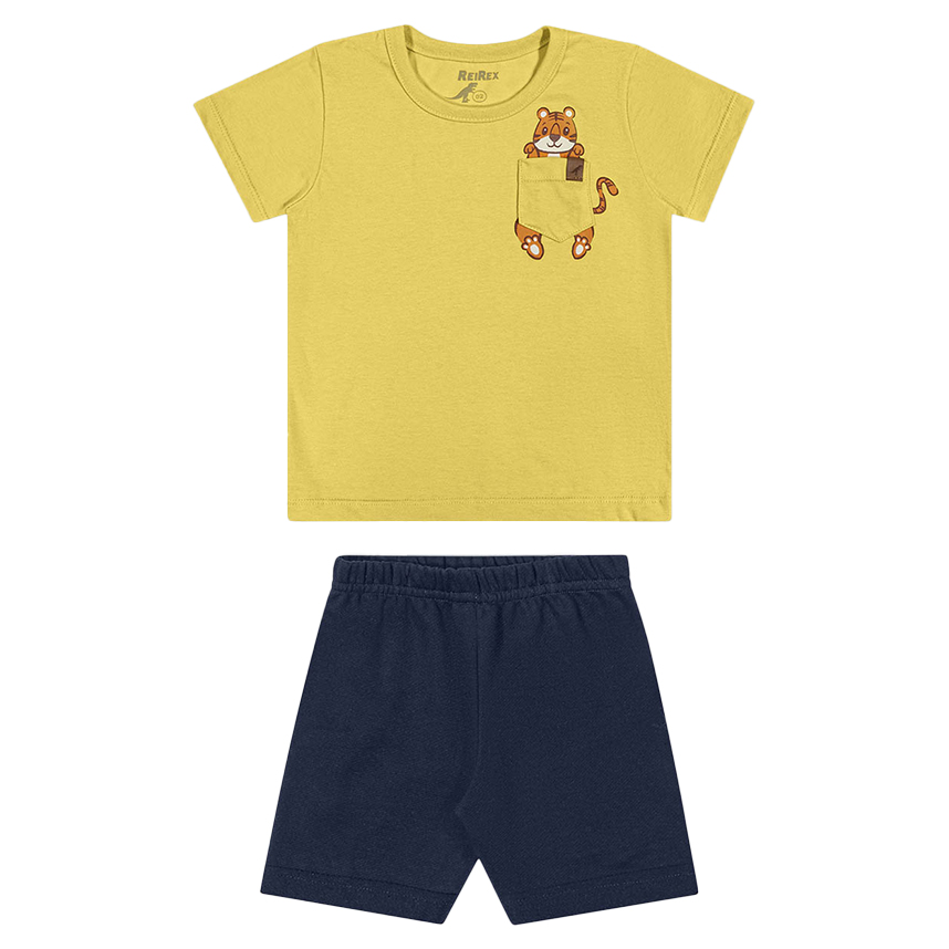 Conjunto Infantil Rei Rex Camiseta Bolso Tigre e Bermuda