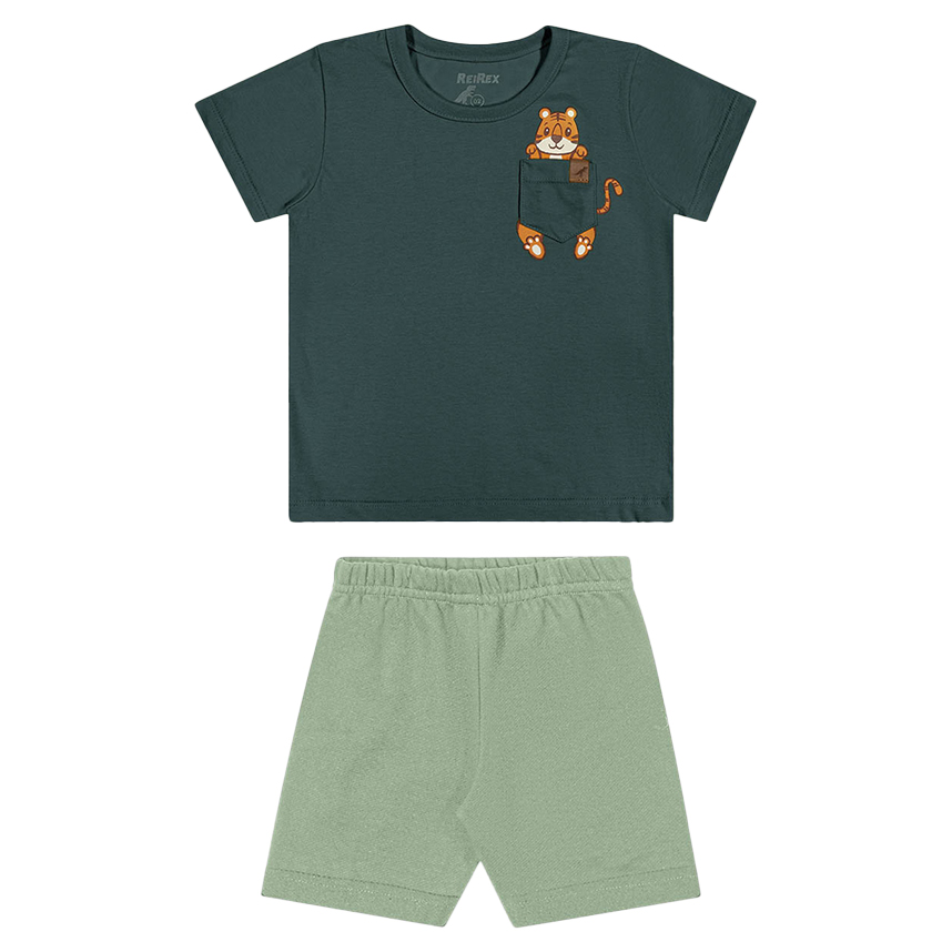 Conjunto Infantil Rei Rex Camiseta Bolso Tigre e Bermuda