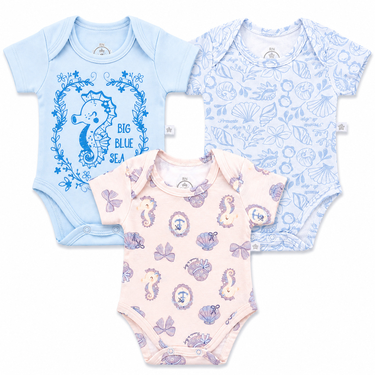 Kit Body Bebê Presente De Anjo Estampa Fundo Do Mar 3 Peças
