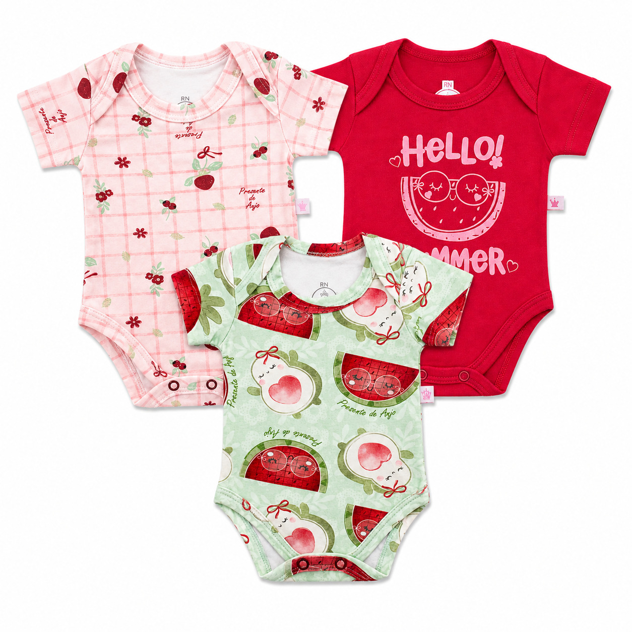 Kit Body Bebê Presente De Anjo Estampa Frutas 3 Peças