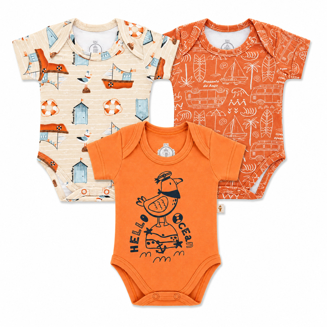 Kit Body Bebê Presente De Anjo Estampa Barco 3 Peças