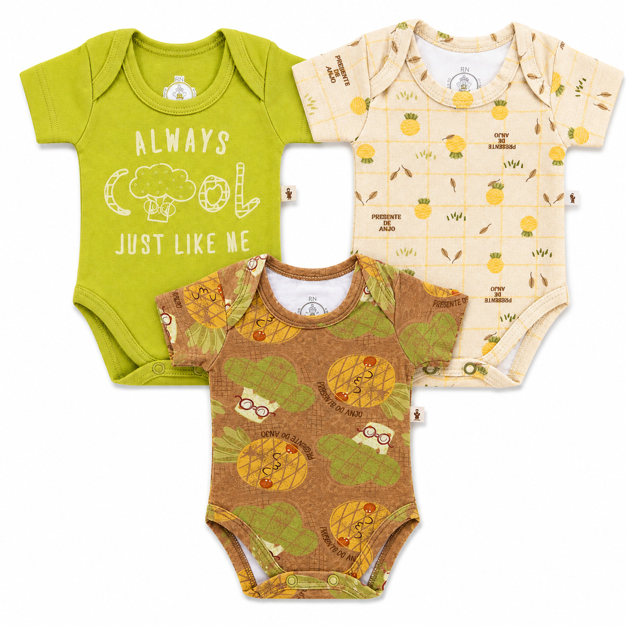 Kit Body Bebê Presente De Anjo Estampa Abacaxi 3 Peças