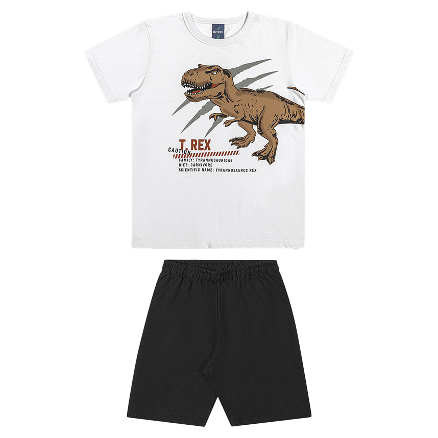 Conjunto Infantil Rei Rex Camiseta Estampa T-Rex e Bermuda