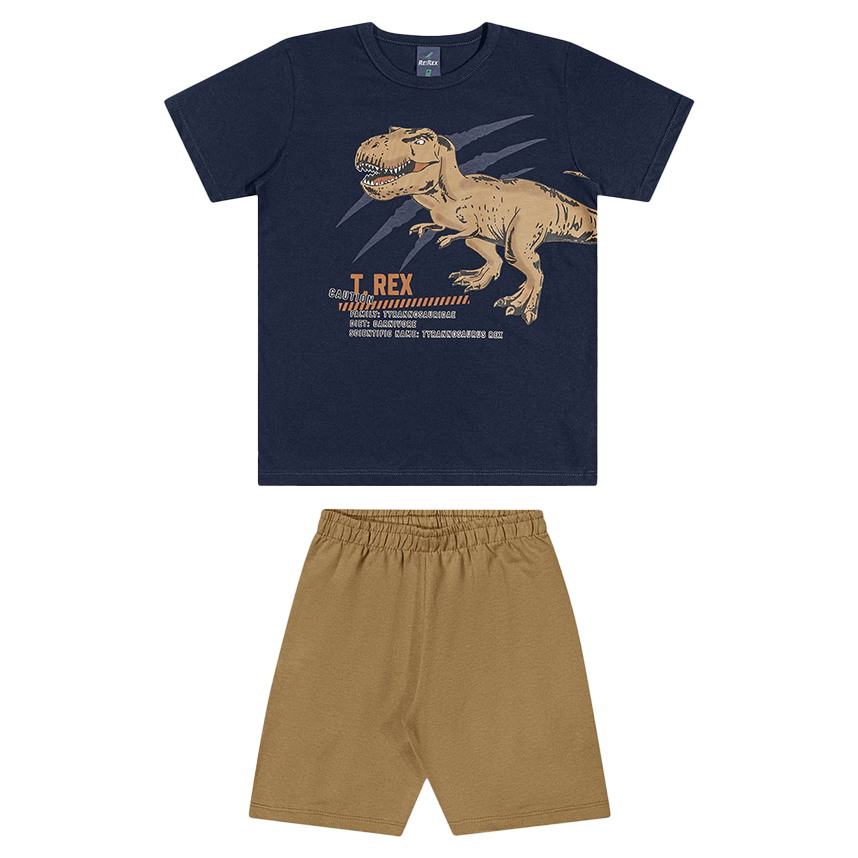 Conjunto Infantil Rei Rex Camiseta Estampa T-Rex e Bermuda