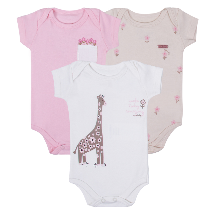Kit Body Bebê Kiko Baby Manga Curta Estampa Girafa 3 Peças