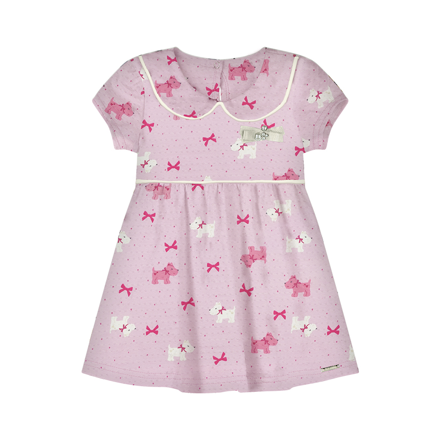 Vestido Bebê Alakazoo Manga Curta Gola Estampa Dog Laços
