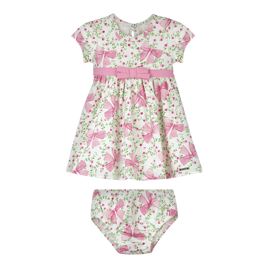 Vestido Bebê Alakazoo Manga Curta Estampa Florzinha E Laços