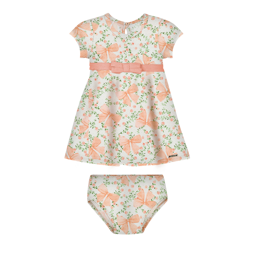 Vestido Bebê Alakazoo Manga Curta Estampa Florzinha E Laços