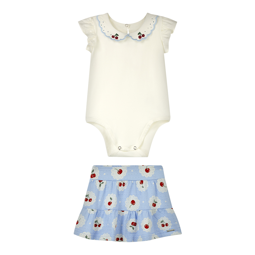 Conjunto Bebê Alakazoo Body Bordado E Saia Estampa Cereja