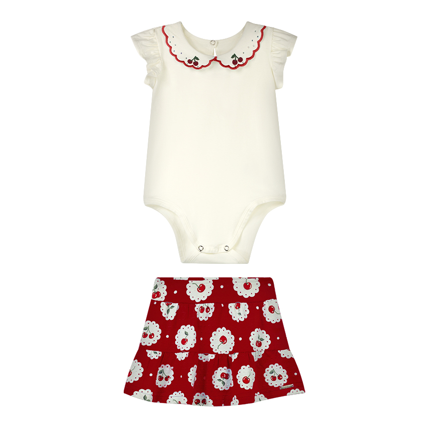 Conjunto Bebê Alakazoo Body Bordado E Saia Estampa Cereja Conjunto Bebê Alakazoo Body Bordado E Saia Estampa Cereja