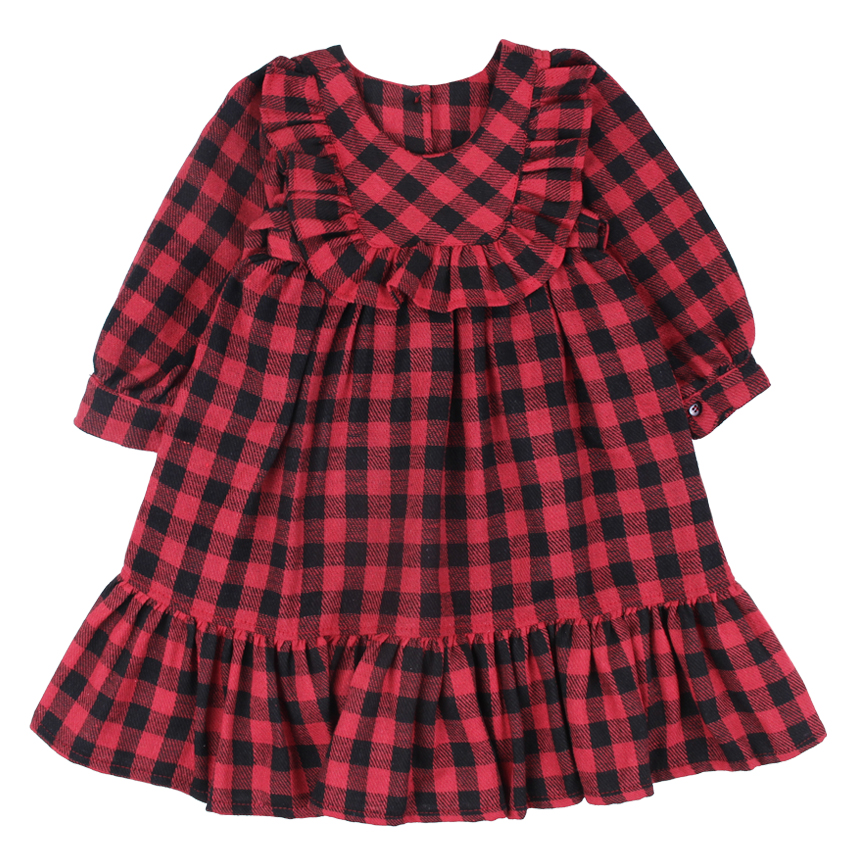 Vestido Infantil Color Mini Gola Babado Manga Longa Xadrez