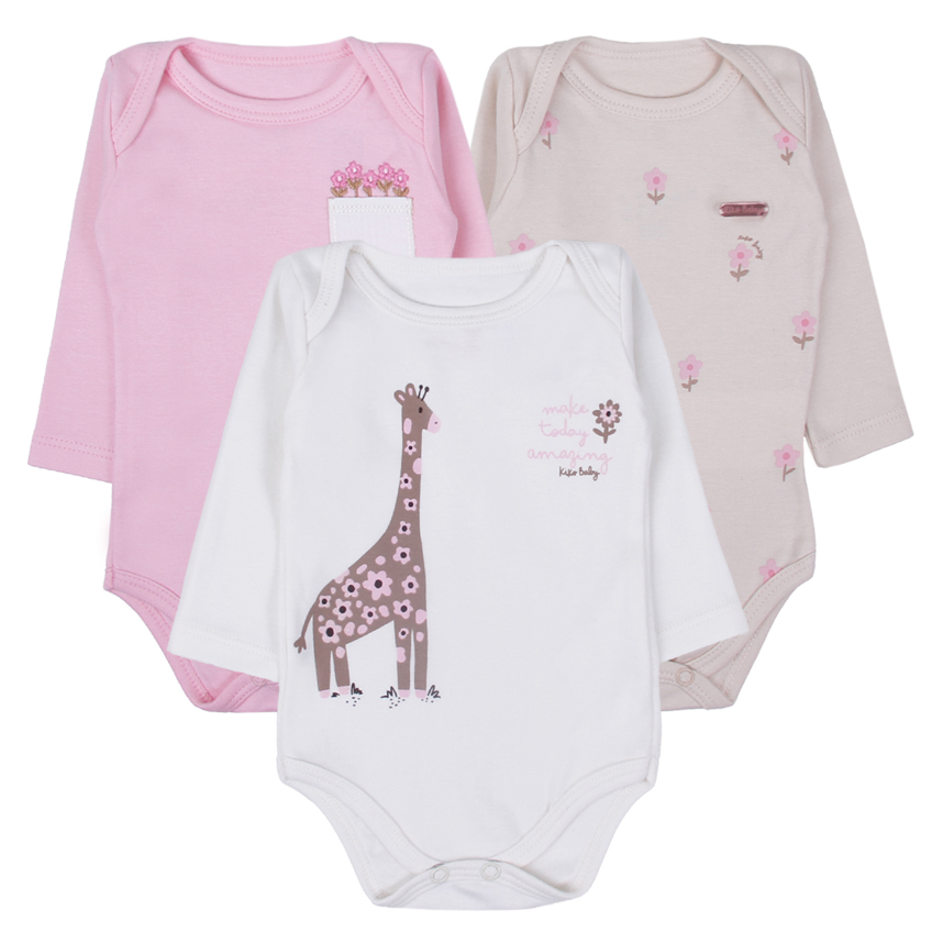 Kit Body Bebê Kiko Baby Manga Longa Estampa Girafa 3 Peças