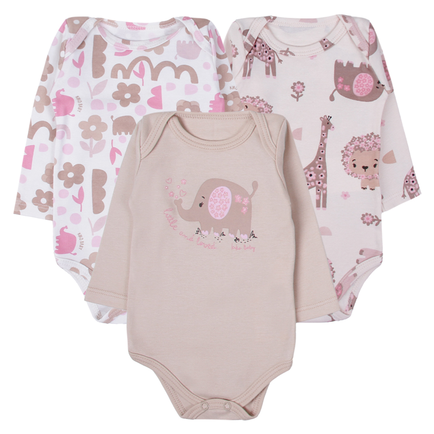Kit Body Bebê Kiko Baby Manga Longa Estampa Safari 3 Peças