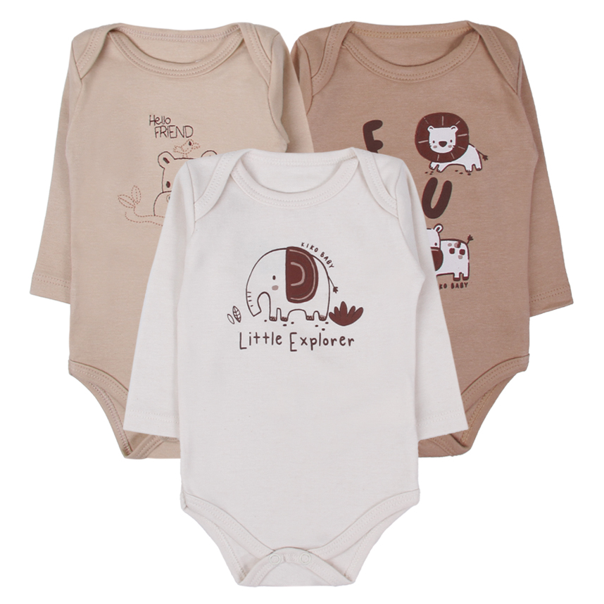 Kit Body Bebê Kiko Baby Manga Longa Safari 3 Peças