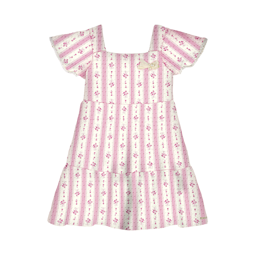 Vestido Infantil Alakazoo Manga Curta Listras com Flores