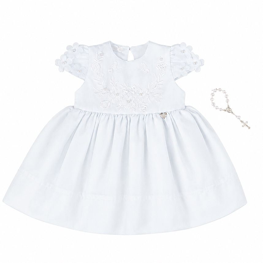 Vestido Bebê Cattai Manga Curta Bordado e Aplique Flor