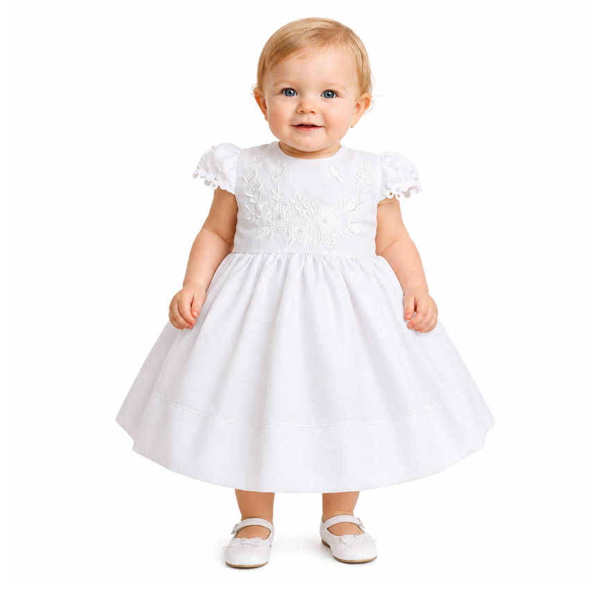 Vestido Bebê Cattai Manga Curta Bordado e Aplique Flor