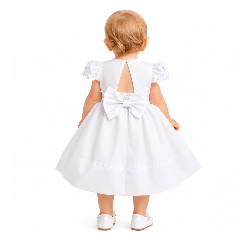 Vestido Bebê Cattai Manga Curta Bordado e Aplique Flor