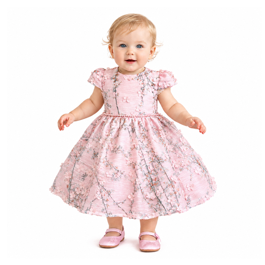Vestido Bebê Cattai Estampado Com Aplique Flores 3D