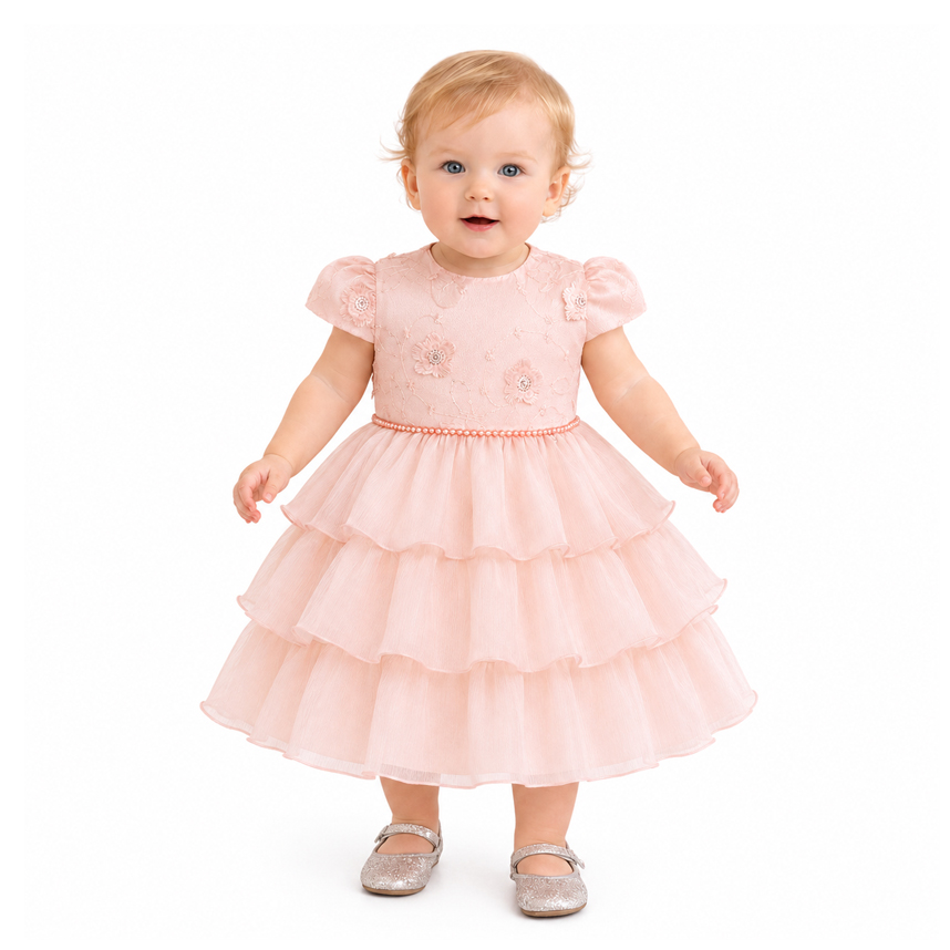 Vestido Bebê Cattai Manga Curta Bordado Com Aplique De Flor