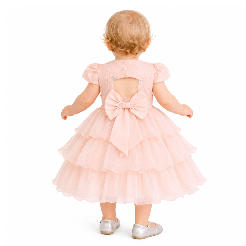 Vestido Bebê Cattai Manga Curta Bordado Com Aplique De Flor