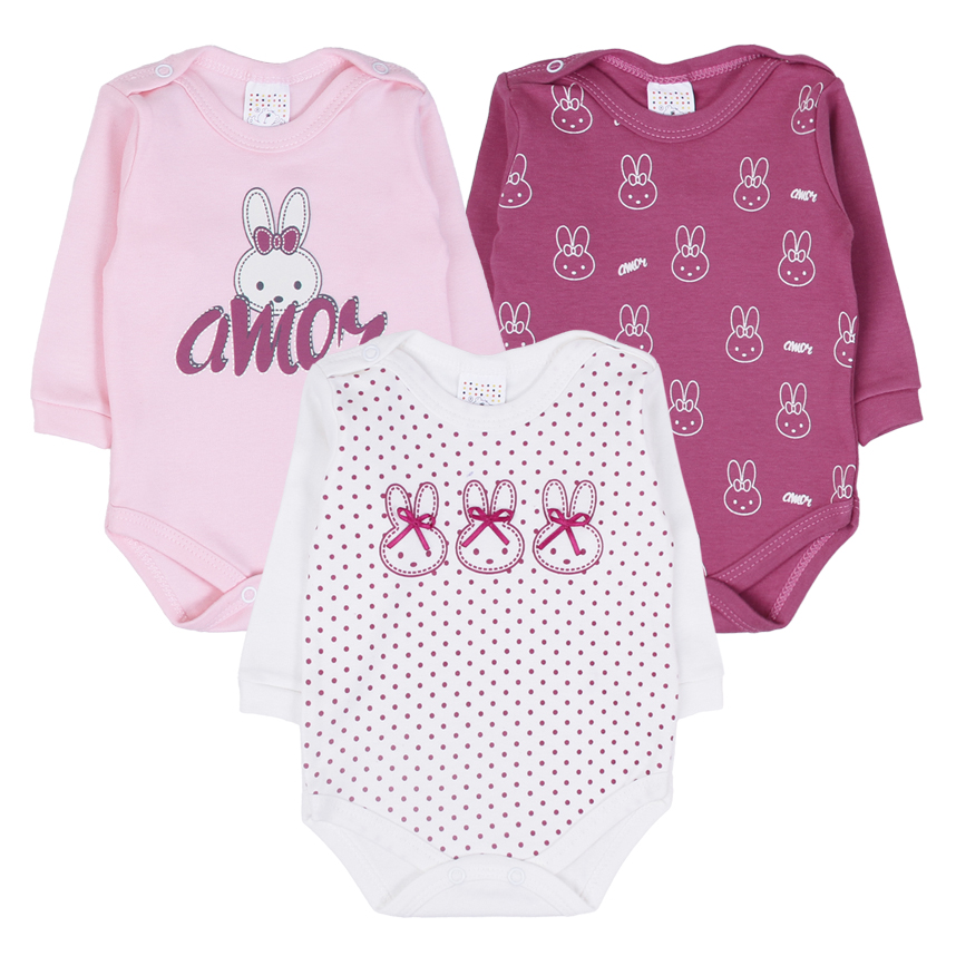 Kit Body Bebê Petutinha Manga Longa Estampa Coelha 3 Peças