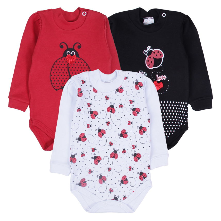 Kit Body Bebê Petutinha Manga Longa Estampa Joaninha 3 Peças