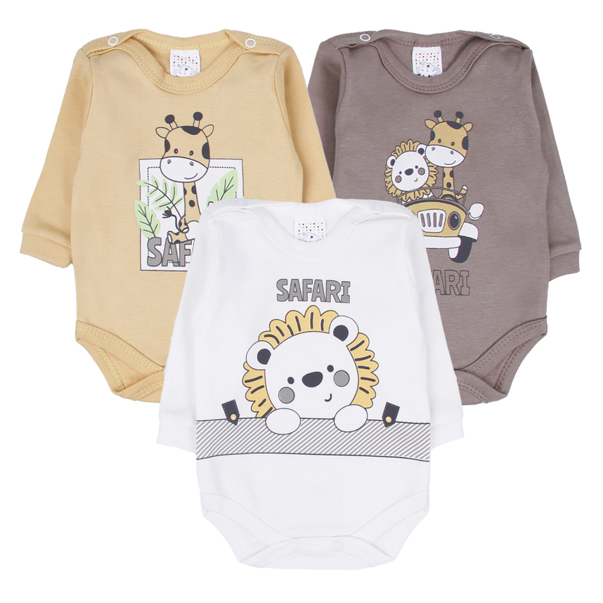 Kit Body Bebê Petutinha Manga Longa Estampa Safari 3 Peças