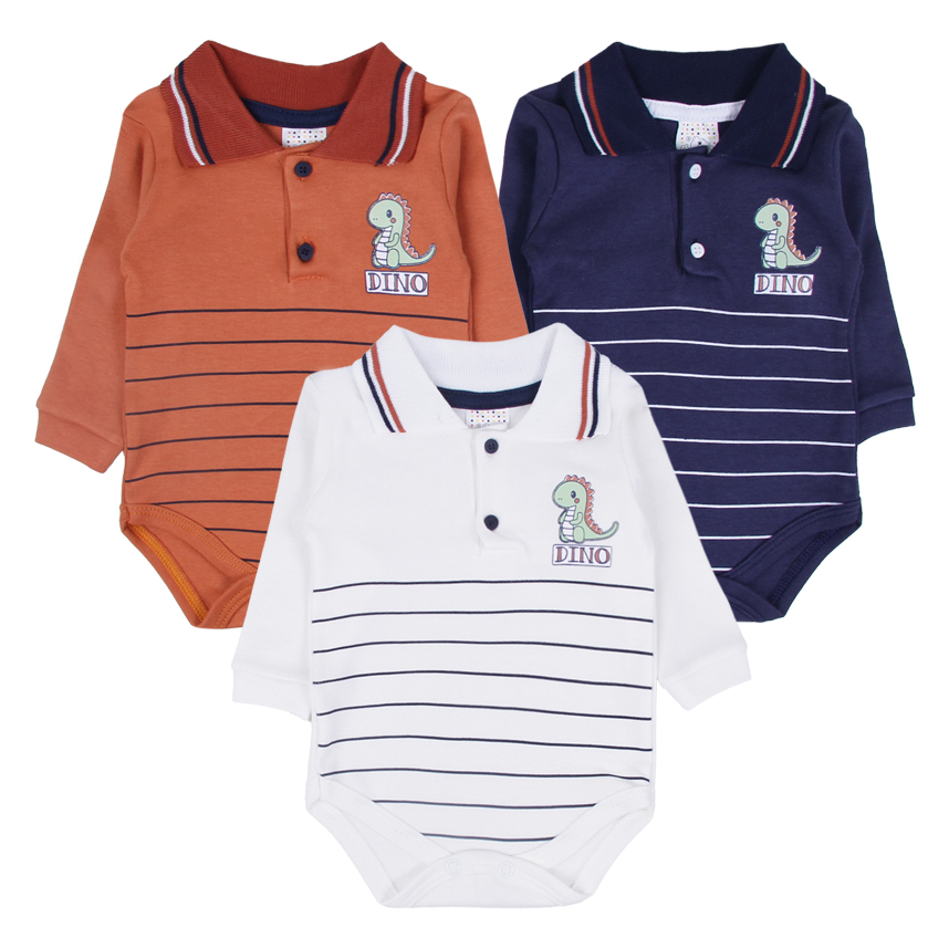 Kit Body Bebê Petutinha Manga Longa Estampa Dino 3 Peças