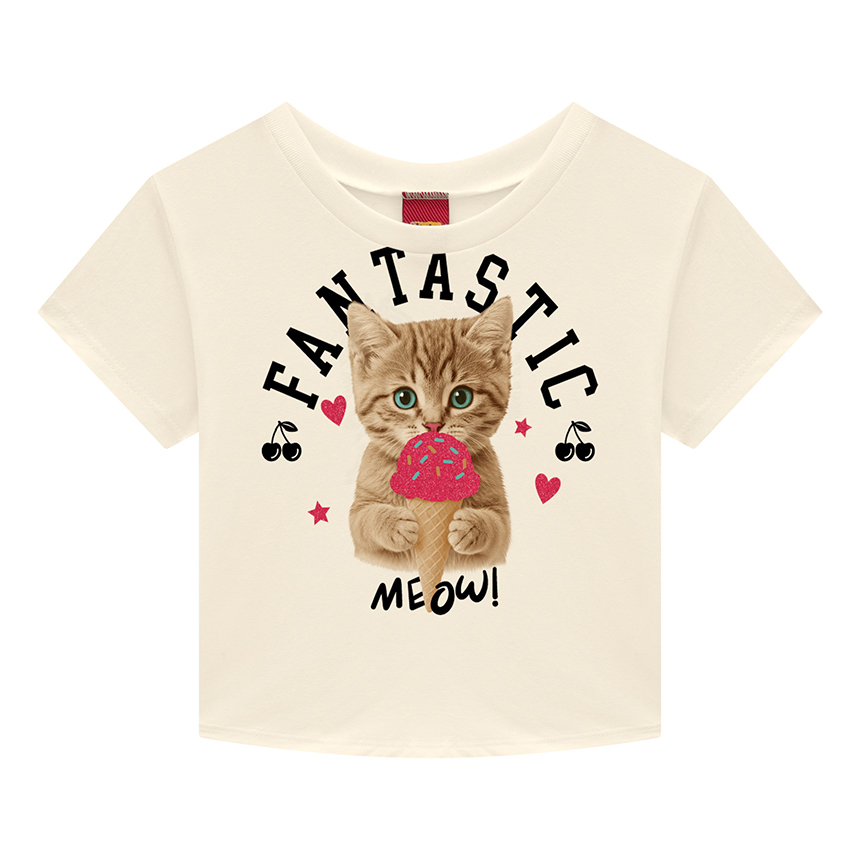 Blusa Infantil Kyly Manga Curta Estampa Gatinha