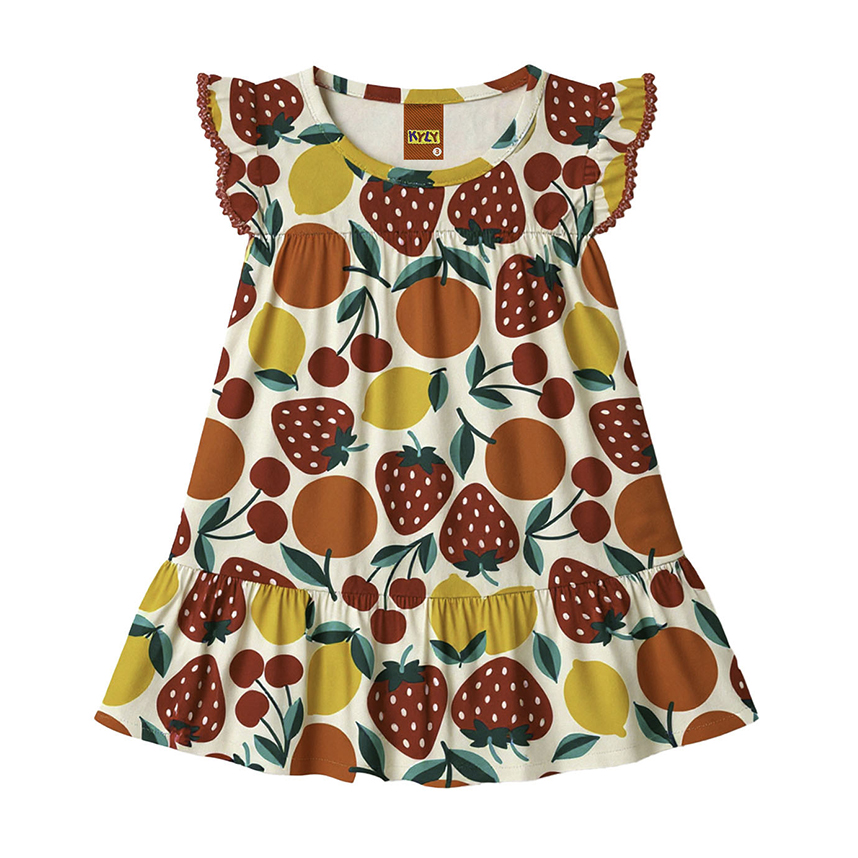 Vestido Bebê Kyly Cavado Meia Malha Estampa Frutas