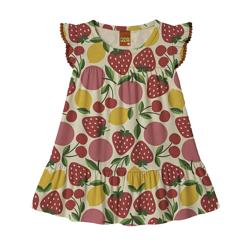 Vestido Bebê Kyly Cavado Meia Malha Estampa Frutas
