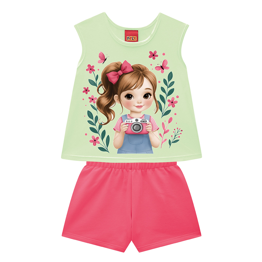 Conjunto Bebê Kyly Blusa Cavada Estampada e Short Moletinho