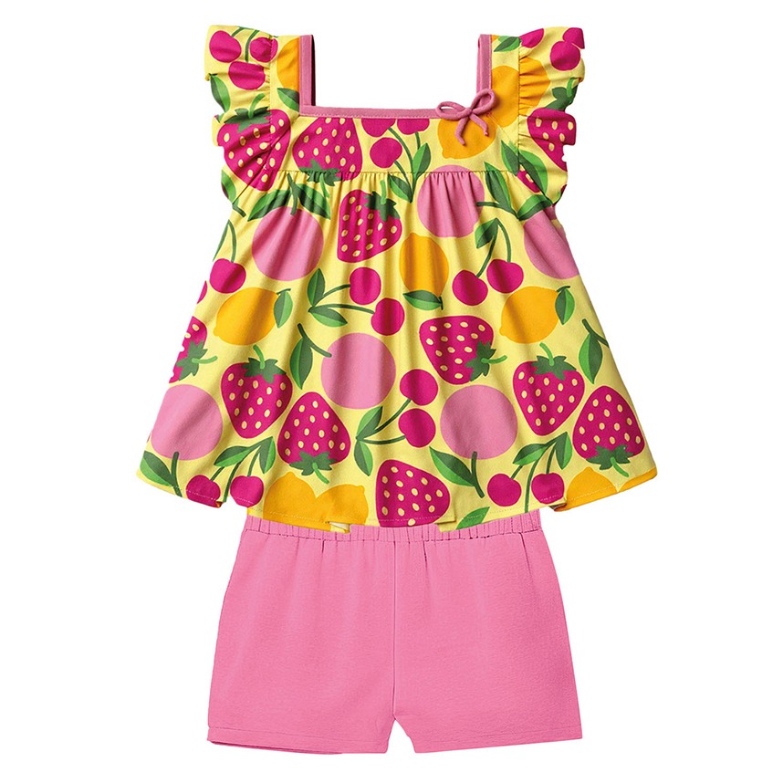 Conjunto Bebê Kyly Blusa Bata Estampa Frutas e Short Cotton