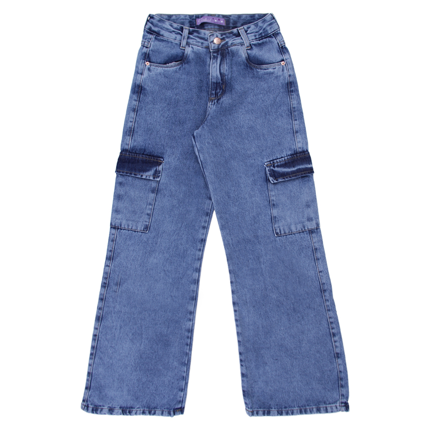 Calça Jeans Infantil Perbol Wide Leg Bolso Cargo