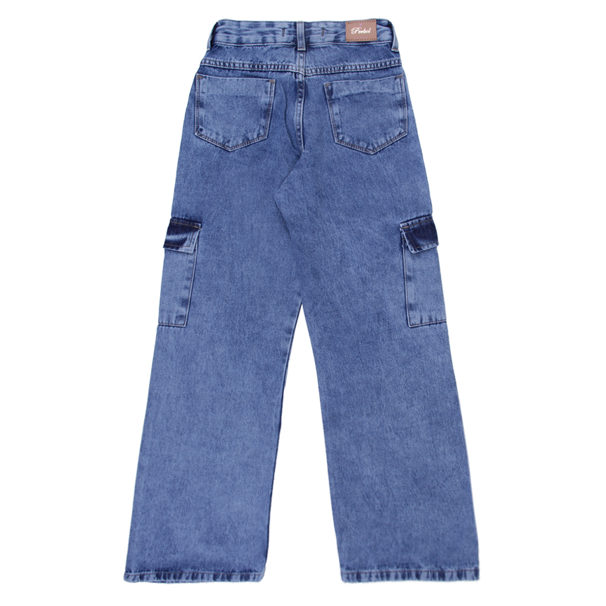 Calça Jeans Juvenil Perbol Wide Leg Bolso Cargo